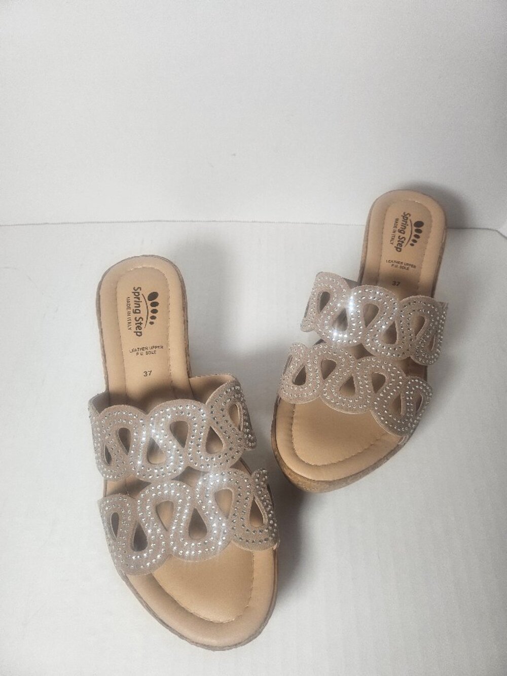 Spring Step Women's MsSteamy Beige Suede Wedge Sandal Scalloped Open Cut-Outs